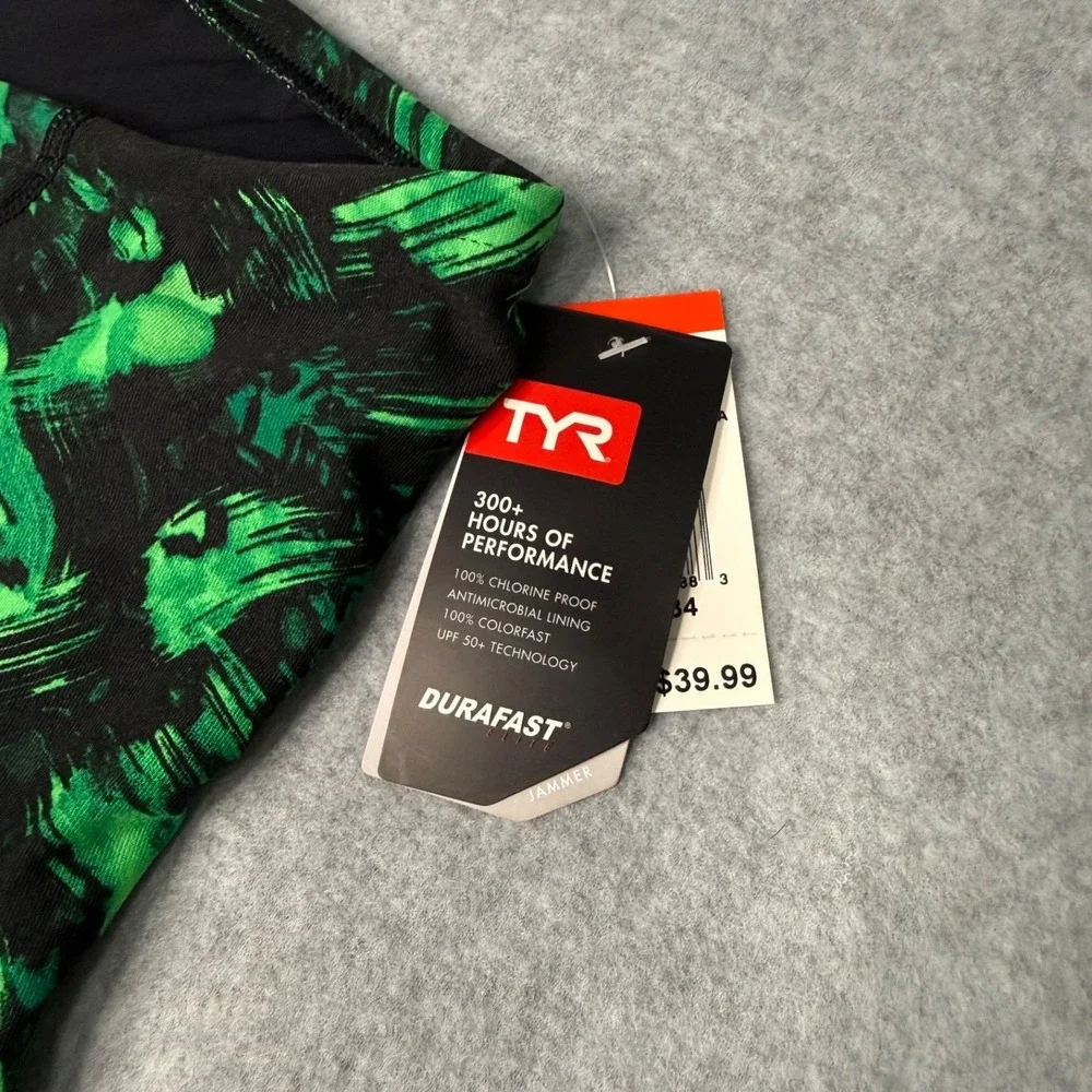 NWT TYR Mens Emulsion Wave Jammer Swim Trunks Suit Green 50+ UPF Size 34